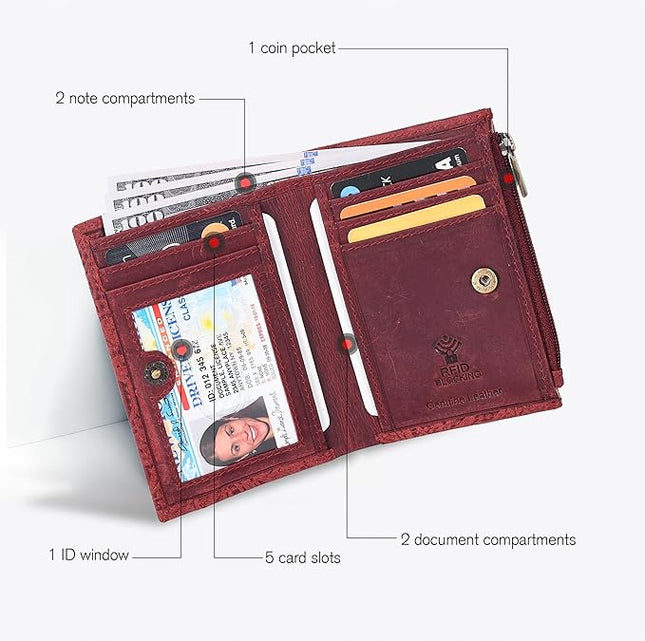 Oak Leathers Leather Wallet For Women - Small RFID Coin Purse Credit Card & ID Holder for Ladies, Gift for Women's, Bifold Wallets (Crazy Horse Red)