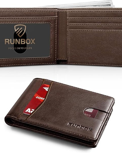 RUNBOX Wallet for Men Slim Leather Bifold RFID Blocking Minimalist Front Pocket Design with Gift Box