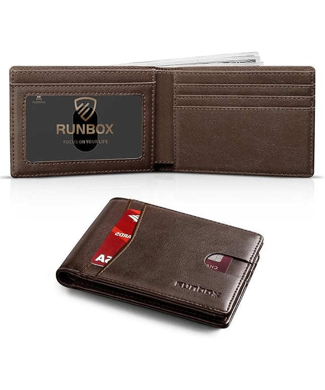 RUNBOX Wallet for Men Slim Leather Bifold RFID Blocking Minimalist Front Pocket Design with Gift Box