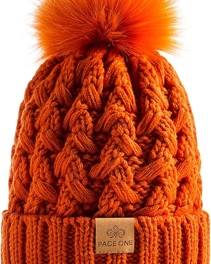 PAGE ONE Womens Winter Ribbed Beanie Crossed Cap Chunky Cable Knit Pompom Soft Warm Hat