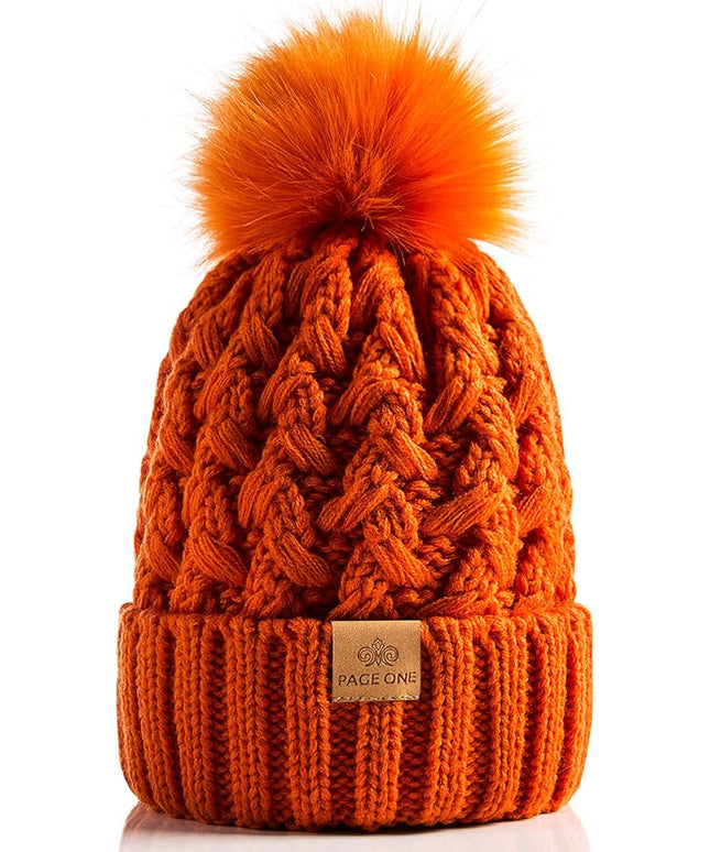 PAGE ONE Womens Winter Ribbed Beanie Crossed Cap Chunky Cable Knit Pompom Soft Warm Hat