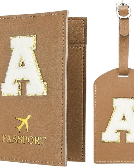 PATIKIL Passport Holder for Travel, Initial Passport Cover and Luggage Tag Set with Alphabet Chenille Letter Patch Travel Wallet Bag Suitcase Identifier for Women Family Travel Brown A