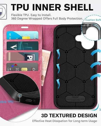 TUCCH Wallet Case for iPhone 16, Kickstand PU Leather Magnetic Protective Flip Cover with [RFID Blocking] [4 Card Slots] [TPU Interior Case] Compatible with iPhone 16 5G 2024, Hot Pink