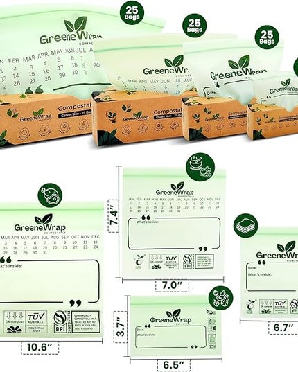 Compostable Snack Size Zip Bags 50 Count Extra Thick 2 mil Resealable, Leak-Proof, Freezer Safe Disposable Food Storage Bags, BPI and OK Compost Home Certified, ASTM D6400