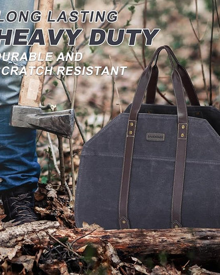 Log Carrier|Waxed Canvas Log Holder|Firewood Carrier Tote Bag|Fireplace Wood Stove Accessories-Grey