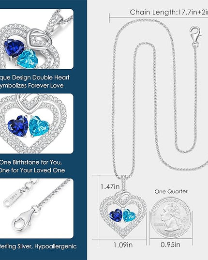 LOUISA SECRET Sparkling Double Heart Birthstone Necklaces for Women, 925 Sterling Silver Fine Jewelry, Pendant Heart Necklaces Birthday Anniversary Christmas Gift for Women Wife Mom Girlfriend Lady