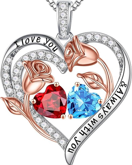 Iefil Christmas Gifts for Women Wife - 925 Sterling Silver Rose Heart Birthstone Necklace Birthday Anniversary Jewelry Gifts for Her Wife Mom Daughter