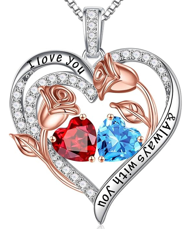 Iefil Christmas Gifts for Women Wife - 925 Sterling Silver Rose Heart Birthstone Necklace Birthday Anniversary Jewelry Gifts for Her Wife Mom Daughter