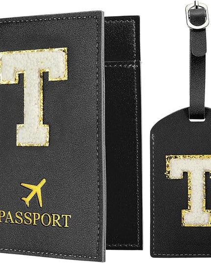 PATIKIL Passport Holder for Travel, Initial Passport Cover and Luggage Tag Set with Alphabet Chenille Letter Patch Travel Wallet Bag Suitcase Identifier for Women Family Travel Black T
