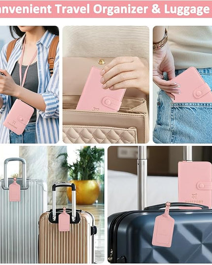 Passport Holder RFID Protected Wallet and Luggage Tag with Protection Cover Travel Accessories Leather Card Case Organizer for Women Men (Pink)