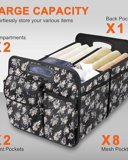 Trunk Organizer, Collapsible Trunk Organizers and Storage, Car Accessories for Women and Men, Multi-Compartment Trunk Storage Organizer for SUV, Car, Mini-Van - Floral