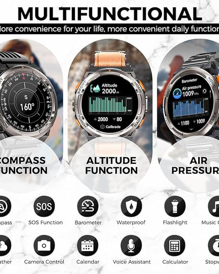 EIGIIS KE5 Military Smart Watch for Men with Flashlight SOS 3ATM Waterproof Watch 530mAh Big Battery 1.45" Rugged Tactical Smartwatch with Compass Elevation Barometer Fitness Watch for iPhone (Brown)