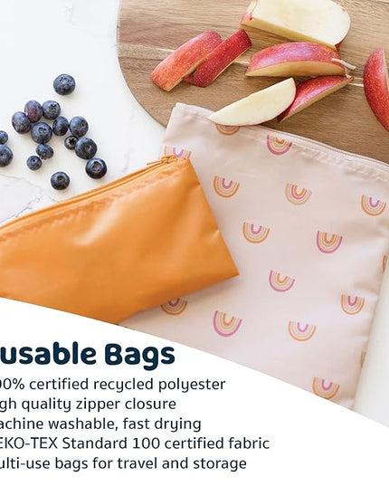 Tiny Twinkle Reusable Snack Bags for Kids – 3 Pack Snack Pouches & Sandwich Bag for Toddlers – Machine Washable, Mess-Proof for Lunch & Travel (Boho Rainbow)