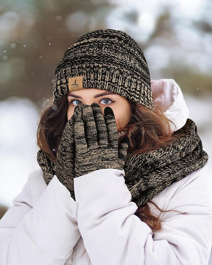 Winter Beanie Hat Scarf Gloves, Warm Fleece Knit Hats Touch Screen Gloves Neck Scarf Set Winter Gifts for Unisex Adult