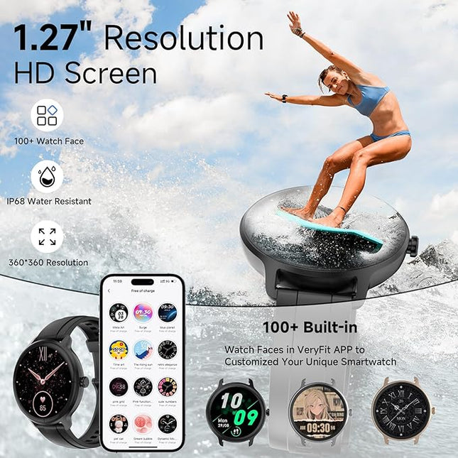 Smart Watches for Women Men 1.27" HD Fitness Tracker with Heart Rate/Sleep/Step/SpO2 Monitor, IP68 Waterproof Watch for Android iOS (Black)