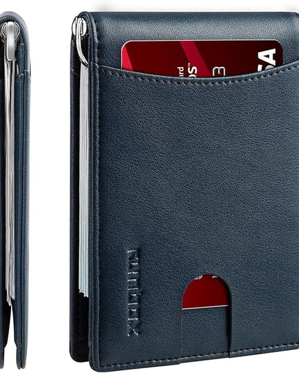 RUNBOX Slim Wallet for Men Genuine Leather RFID Blocking Bifold Minimalist Front Pocket Mens Wallet with Money Clip Thin Gift Box