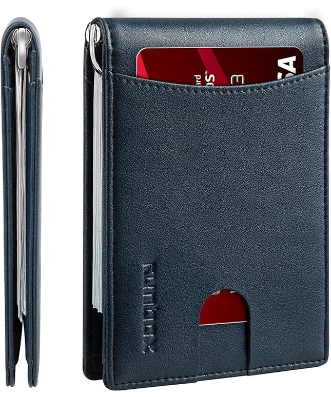 RUNBOX Slim Wallet for Men Genuine Leather RFID Blocking Bifold Minimalist Front Pocket Mens Wallet with Money Clip Thin Gift Box