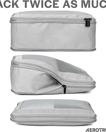 Aerotrunk Compression Packing Cubes for Travel - Luggage Organizer Bags - Double Zipper Packing Cubes for Suitcases (6-Pack, Light Grey)