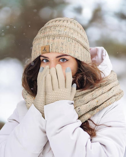 Winter Beanie Hat Scarf Gloves, Warm Fleece Knit Hats Touch Screen Gloves Neck Scarf Set Winter Gifts for Unisex Adult