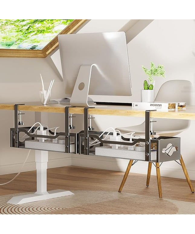 Litwaro Under Desk Cable Management Tray 2 Pack, No Drill, Organizer with Clamp Easy to Install for Standing Cord Organizer, Wire Damage Desk, Black, 13.38''-2 pack