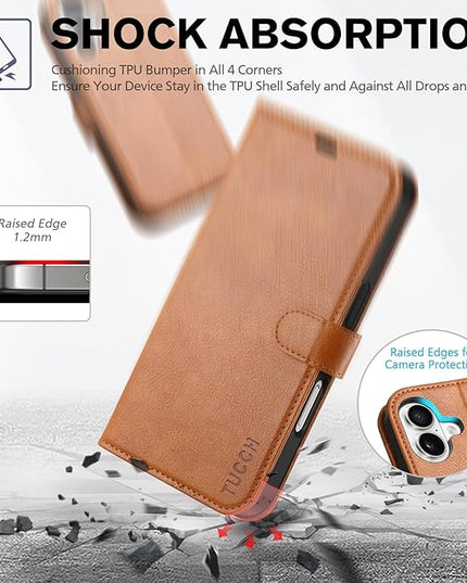 TUCCH Case for iPhone 16 Case Wallet, [TPU Shockproof Inner Shell], Kickstand PU Leather [RFID Blocking] 4 Card Holder Magnetic Stand Protective Cover Compatible with iPhone 16 5G, Light Brown