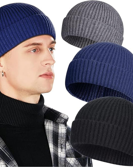 3 Pack Wool Fisherman Beanies for Men, Short Knit Watch Cap Cuffed Trawler Hats