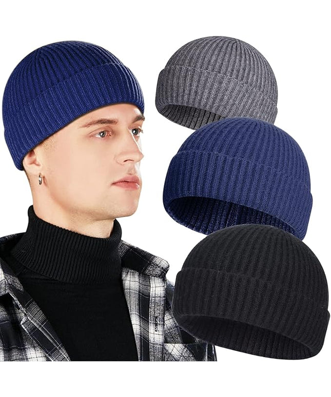 3 Pack Wool Fisherman Beanies for Men, Short Knit Watch Cap Cuffed Trawler Hats