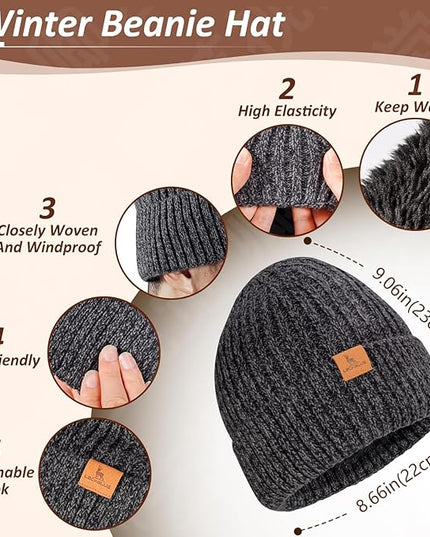 Men Women Winter Beanie Hats Scarf with Touchscreen Gloves Warm Knit Themal Gloves Long Scarf Set with Fleece Lined