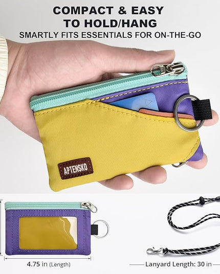 RFID Travel Wallet with Adjustable Lanyard-Zipper Small Wallet with ID Card Holder, Keychain for women&men-Minimalist Slim Waterproof Nylon case for ID, Cash, Key (DarkYellow+Violet)
