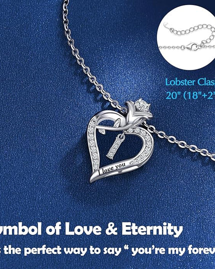 Rose Heart Pendant Necklace Gifts for Wife, Engraved 'I love you' Gift for Wife Girlfriend, Anniversary Birthday Eternity Jewelry Present for Women, Moissanite Necklace Gift for Her