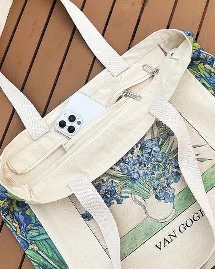 BROADREAM Aesthetic Canvas Tote Bag for Women, Vintage Reusable Book Tote Bag with Inner Zipper Pocket