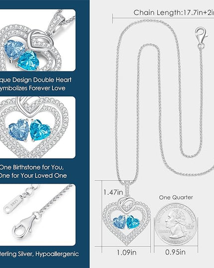 LOUISA SECRET Sparkling Double Heart Birthstone Necklaces for Women, 925 Sterling Silver Fine Jewelry, Pendant Heart Necklaces Birthday Anniversary Christmas Gift for Women Wife Mom Girlfriend Lady