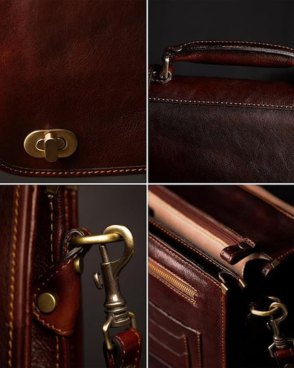 Time Resistance Leather Briefcase for Men - Italian Full Grain Leather Laptop Bag - Messenger Bag - Gift Box Included