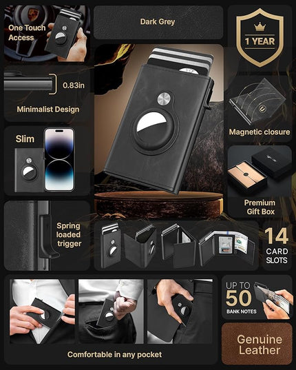 typecase Mens Wallet Card Holder for AirTag: Leather Smart Wallet for Men Compatible with Apple Air Tag, RFID Blocking, Slim, Minimalist - 9-14 Card Capacity | ID Window | Cash Slot (Black)