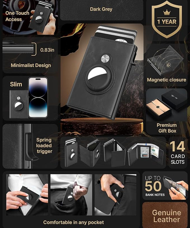 typecase Mens Wallet Card Holder for AirTag: Leather Smart Wallet for Men Compatible with Apple Air Tag, RFID Blocking, Slim, Minimalist - 9-14 Card Capacity | ID Window | Cash Slot (Black)