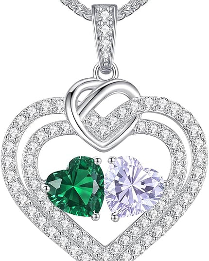 LOUISA SECRET Sparkling Double Heart Birthstone Necklaces for Women, 925 Sterling Silver Fine Jewelry, Pendant Heart Necklaces Birthday Anniversary Christmas Gift for Women Wife Mom Girlfriend Lady