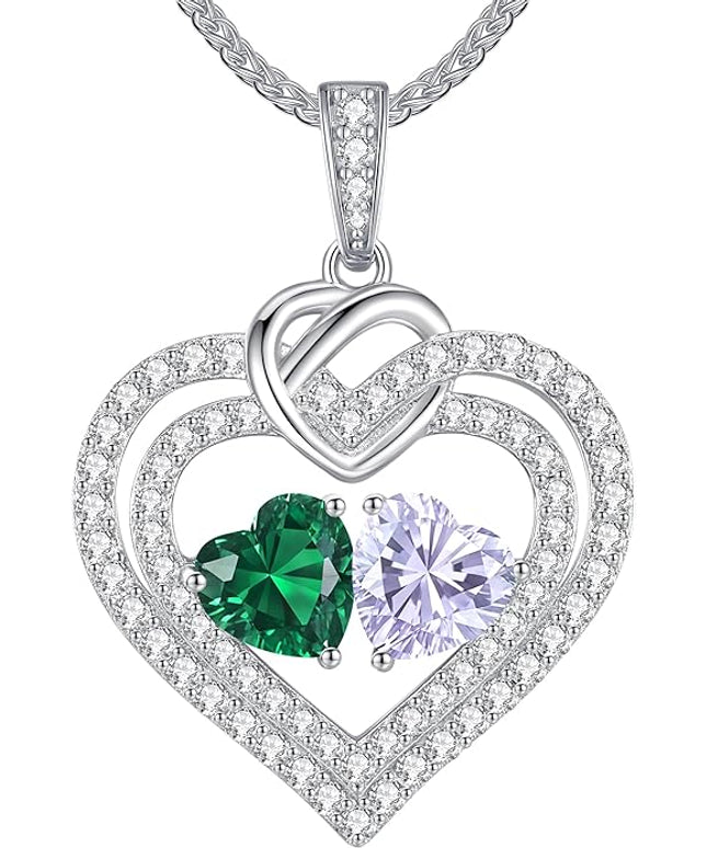 LOUISA SECRET Sparkling Double Heart Birthstone Necklaces for Women, 925 Sterling Silver Fine Jewelry, Pendant Heart Necklaces Birthday Anniversary Christmas Gift for Women Wife Mom Girlfriend Lady
