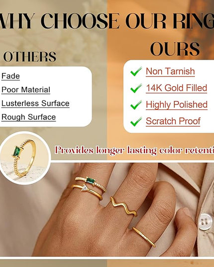 Fansilver 14K Gold Plated Stacking Rings for Women Simple Dainty Gold Stackable Knuckle Thumb Rings Heart CZ Opal Rings Plain Band Size 5-11