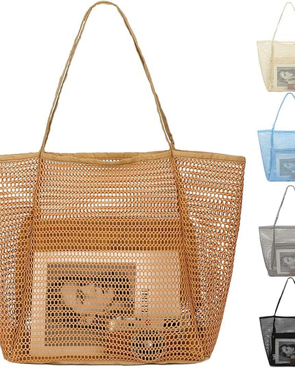 Mesh Beach Bag, Large Beach Tote with Zipper Pocket, Toys Pool Bag for Family Travel Vacation Cruise Essentials