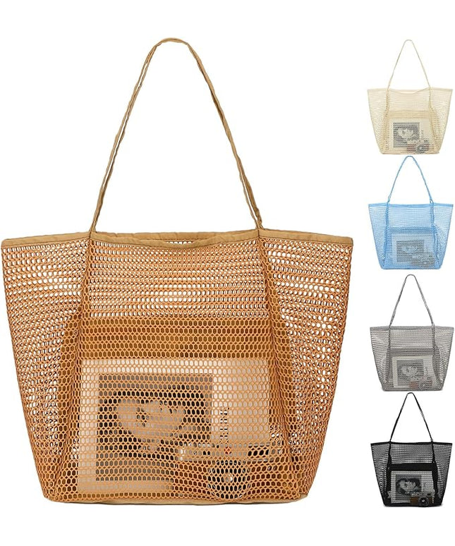 Mesh Beach Bag, Large Beach Tote with Zipper Pocket, Toys Pool Bag for Family Travel Vacation Cruise Essentials