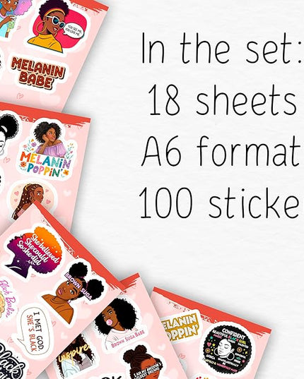 100Pcs Black Girl Stickers for Planner, for Water Bottle, for Adults - Black Girl Gifts for Women, Favors & Decorations - African American Stickers and Decals - Gifts for Women & Men