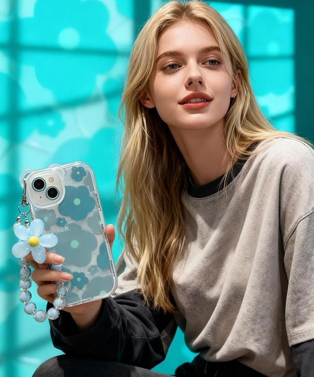 Compatible with iPhone 14 Pro Case Blue Shockproof Cover Camera Lens Case Cute, Clear, Floral Bear, Lovely Flower, Wrist Strap Bracelet Chain, for Women, Girly