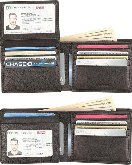 BOTANNER Genuine Leather Men's Flip ID Wallet RFID Blocking with 8 Credit Card Slots 2 ID Windows 3 Hidden Pockets 2 Sections for Notes | Pebble Black