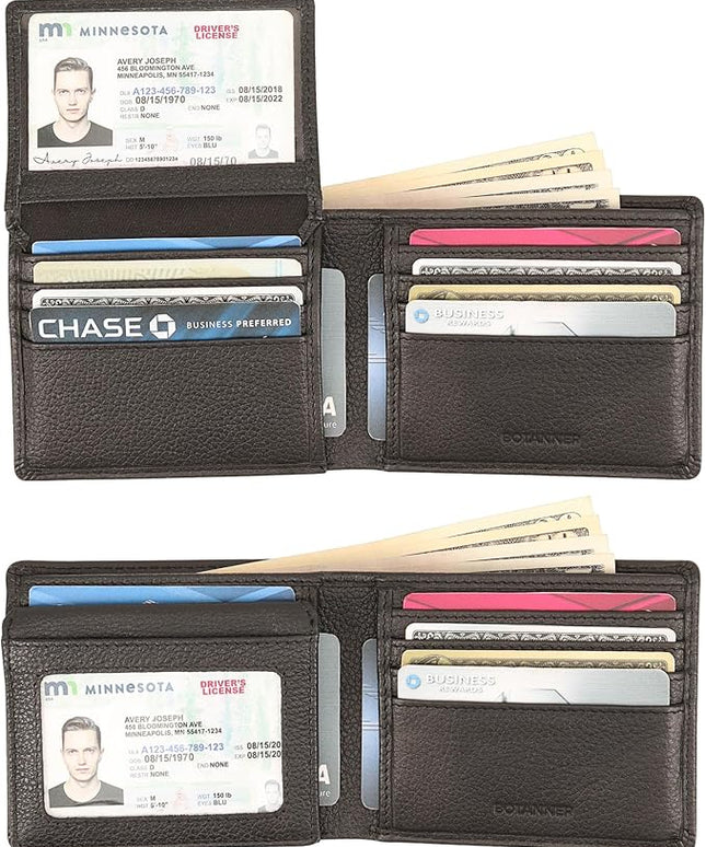 BOTANNER Genuine Leather Men's Flip ID Wallet RFID Blocking with 8 Credit Card Slots 2 ID Windows 3 Hidden Pockets 2 Sections for Notes | Pebble Black