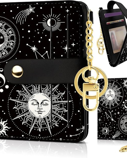 Sodsay Small Slim Wallet Women RFID Blocking, PU Leather Bifold Ladies Wallet with Zipper Coin Pocket, Thin Cute Travel Card Wallets for Girls, Black Celestial Symphony