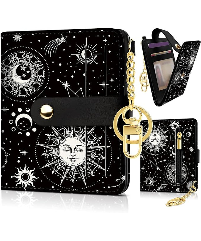 Sodsay Small Slim Wallet Women RFID Blocking, PU Leather Bifold Ladies Wallet with Zipper Coin Pocket, Thin Cute Travel Card Wallets for Girls, Black Celestial Symphony