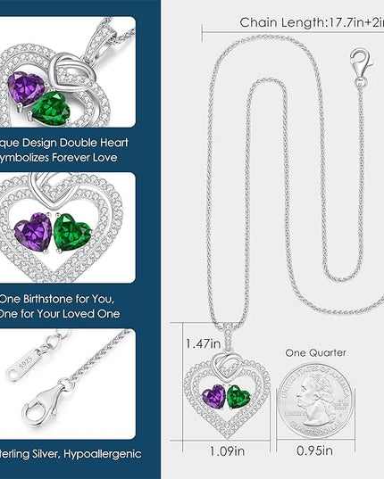 LOUISA SECRET Sparkling Double Heart Birthstone Necklaces for Women, 925 Sterling Silver Fine Jewelry, Pendant Heart Necklaces Birthday Anniversary Christmas Gift for Women Wife Mom Girlfriend Lady