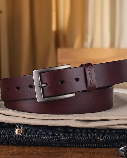 Buffway Men’s Full Grain Leather Belt – Solid One-Piece Leather, 1.5” Wide for Jeans & Business Casual, Gift Box Included