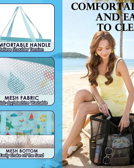 Mesh Beach Bag, Large Beach Tote with Zipper Pocket, Toys Pool Bag for Family Travel Vacation Cruise Essentials