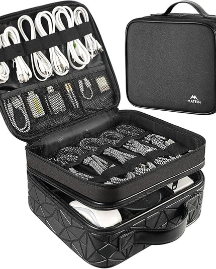 MATEIN Cable Organizer Bag, Waterproof Travel Electronic Storage, Shockproof Portable Double Layer Tech Bags Carrying Case for Cord, Earbuds, Charger, SD Card, DJ Gifts, Black
